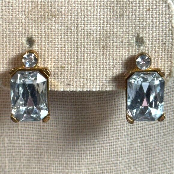 Vintage Gold-Tone Rectangular Crystal Stud Earrings Prom Formal Clear Gem Accent - Picture 1 of 5